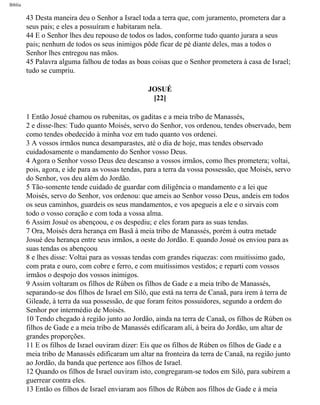 Bíblia
43 Desta maneira deu o Senhor a Israel toda a terra que, com juramento, prometera dar a
seus pais; e eles a possuíram e habitaram nela.
44 E o Senhor lhes deu repouso de todos os lados, conforme tudo quanto jurara a seus
pais; nenhum de todos os seus inimigos pôde ficar de pé diante deles, mas a todos o
Senhor lhes entregou nas mãos.
45 Palavra alguma falhou de todas as boas coisas que o Senhor prometera à casa de Israel;
tudo se cumpriu.
JOSUÉ
[22]
1 Então Josué chamou os rubenitas, os gaditas e a meia tribo de Manassés,
2 e disse-lhes: Tudo quanto Moisés, servo do Senhor, vos ordenou, tendes observado, bem
como tendes obedecido à minha voz em tudo quanto vos ordenei.
3 A vossos irmãos nunca desamparastes, até o dia de hoje, mas tendes observado
cuidadosamente o mandamento do Senhor vosso Deus.
4 Agora o Senhor vosso Deus deu descanso a vossos irmãos, como lhes prometera; voltai,
pois, agora, e ide para as vossas tendas, para a terra da vossa possessão, que Moisés, servo
do Senhor, vos deu além do Jordão.
5 Tão-somente tende cuidado de guardar com diligência o mandamento e a lei que
Moisés, servo do Senhor, vos ordenou: que ameis ao Senhor vosso Deus, andeis em todos
os seus caminhos, guardeis os seus mandamentos, e vos apegueis a ele e o sirvais com
todo o vosso coração e com toda a vossa alma.
6 Assim Josué os abençoou, e os despediu; e eles foram para as suas tendas.
7 Ora, Moisés dera herança em Basã à meia tribo de Manassés, porém à outra metade
Josué deu herança entre seus irmãos, a oeste do Jordão. E quando Josué os enviou para as
suas tendas os abençoou
8 e lhes disse: Voltai para as vossas tendas com grandes riquezas: com muitíssimo gado,
com prata e ouro, com cobre e ferro, e com muitíssimos vestidos; e reparti com vossos
irmãos o despojo dos vossos inimigos.
9 Assim voltaram os filhos de Rúben os filhos de Gade e a meia tribo de Manassés,
separando-se dos filhos de Israel em Siló, que está na terra de Canaã, para irem à terra de
Gileade, à terra da sua possessão, de que foram feitos possuidores, segundo a ordem do
Senhor por intermédio de Moisés.
10 Tendo chegado à região junto ao Jordão, ainda na terra de Canaã, os filhos de Rúben os
filhos de Gade e a meia tribo de Manassés edificaram ali, à beira do Jordão, um altar de
grandes proporções.
11 E os filhos de Israel ouviram dizer: Eis que os filhos de Rúben os filhos de Gade e a
meia tribo de Manassés edificaram um altar na fronteira da terra de Canaã, na região junto
ao Jordão, da banda que pertence aos filhos de Israel.
12 Quando os filhos de Israel ouviram isto, congregaram-se todos em Siló, para subirem a
guerrear contra eles.
13 Então os filhos de Israel enviaram aos filhos de Rúben aos filhos de Gade e à meia
file:///C|/cursos_e_livros_cd/Triagem/000000-biblia.html (313 of 1452)29/09/2004 18:26:28
 