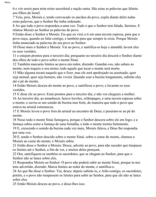 Bíblia
6 e vós sereis para mim reino sacerdotal e nação santa. São estas as palavras que falarás
aos filhos de Israel.
7 Veio, pois, Moisés e, tendo convocado os anciãos do povo, expôs diante deles todas
estas palavras, que o Senhor lhe tinha ordenado.
8 Ao que todo o povo respondeu a uma voz: Tudo o que o Senhor tem falado, faremos. E
relatou Moisés ao Senhor as palavras do povo.
9 Então disse o Senhor a Moisés: Eis que eu virei a ti em uma nuvem espessa, para que o
povo ouça, quando eu falar contigo, e também para que sempre te creia. Porque Moisés
tinha anunciado as palavras do seu povo ao Senhor.
10 Disse mais o Senhor a Moisés: Vai ao povo, e santifica-os hoje e amanhã; lavem eles
os seus vestidos,
11 e estejam prontos para o terceiro dia; porquanto no terceiro dia descerá o Senhor diante
dos olhos de todo o povo sobre o monte Sinai.
12 Também marcarás limites ao povo em redor, dizendo: Guardai-vos, não subais ao
monte, nem toqueis o seu termo; todo aquele que tocar o monte será morto.
13 Mão alguma tocará naquele que o fizer, mas ele será apedrejado ou asseteado; quer
seja animal, quer seja homem, não viverá. Quando soar a buzina longamente, subirão eles
até o pé do monte.
14 Então Moisés desceu do monte ao povo, e santificou o povo; e lavaram os seus
vestidos.
15 E disse ele ao povo: Estai prontos para o terceiro dia; e não vos chegueis a mulher.
16 Ao terceiro dia, ao amanhecer, houve trovões, relâmpagos, e uma nuvem espessa sobre
o monte; e ouviu-se um sonido de buzina mui forte, de maneira que todo o povo que
estava no arraial estremeceu.
17 E Moisés levou o povo fora do arraial ao encontro de Deus; e puseram-se ao pé do
monte.
18 Nisso todo o monte Sinai fumegava, porque o Senhor descera sobre ele em fogo; e a
fumaça subiu como a fumaça de uma fornalha, e todo o monte tremia fortemente.
19 E, crescendo o sonido da buzina cada vez mais, Moisés falava, e Deus lhe respondia
por uma voz.
20 E, tendo o Senhor descido sobre o monte Sinai, sobre o cume do monte, chamou a
Moisés ao cume do monte; e Moisés subiu.
21 Então disse o Senhor a Moisés: Desce, adverte ao povo, para não suceder que traspasse
os limites até o Senhor, a fim de ver, e muitos deles pereçam.
22 Ora, santifiquem-se também os sacerdotes, que se chegam ao Senhor, para que o
Senhor não se lance sobre eles.
23 Respondeu Moisés ao Senhor: O povo não poderá subir ao monte Sinai, porque tu nos
tens advertido, dizendo: Marca limites ao redor do monte, e santifica-o.
24 Ao que lhe disse o Senhor: Vai, desce; depois subirás tu, e Arão contigo; os sacerdotes,
porém, e o povo não traspassem os limites para subir ao Senhor, para que ele não se lance
sobre eles.
25 Então Moisés desceu ao povo, e disse-lhes isso.
file:///C|/cursos_e_livros_cd/Triagem/000000-biblia.html (99 of 1452)29/09/2004 18:26:27
 