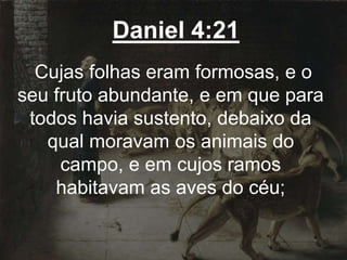 Daniel 4:21
Cujas folhas eram formosas, e o
seu fruto abundante, e em que para
todos havia sustento, debaixo da
qual moravam os animais do
campo, e em cujos ramos
habitavam as aves do céu;
 