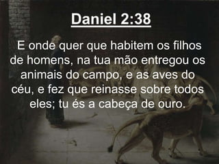 Daniel 2:38
E onde quer que habitem os filhos
de homens, na tua mão entregou os
animais do campo, e as aves do
céu, e fez que reinasse sobre todos
eles; tu és a cabeça de ouro.
 