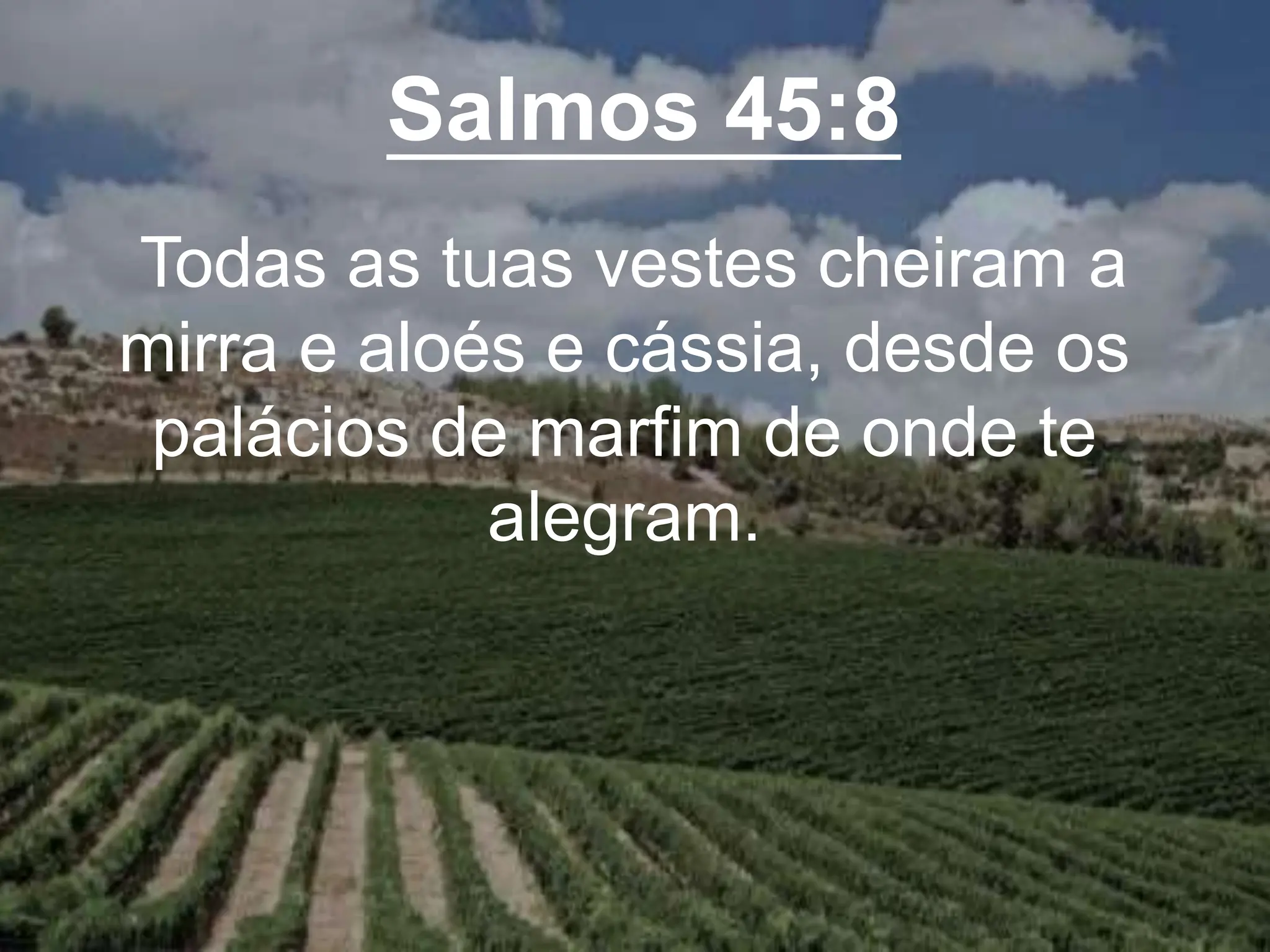 Salmos 45:8
Todas as tuas vestes cheiram a
mirra e aloés e cássia, desde os
palácios de marfim de onde te
alegram.
 