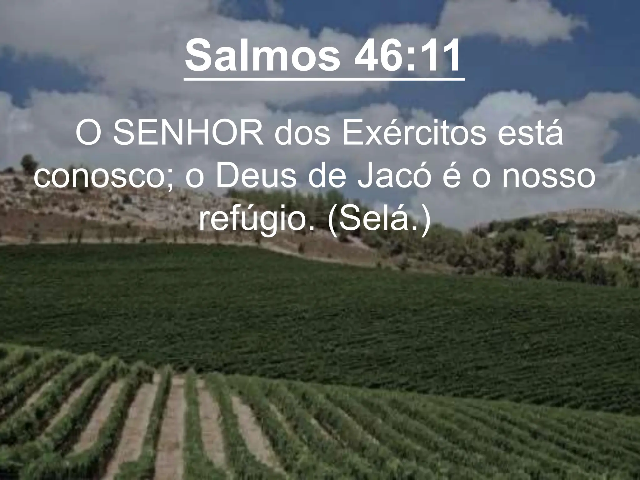 Salmos 46:11
O SENHOR dos Exércitos está
conosco; o Deus de Jacó é o nosso
refúgio. (Selá.)
 