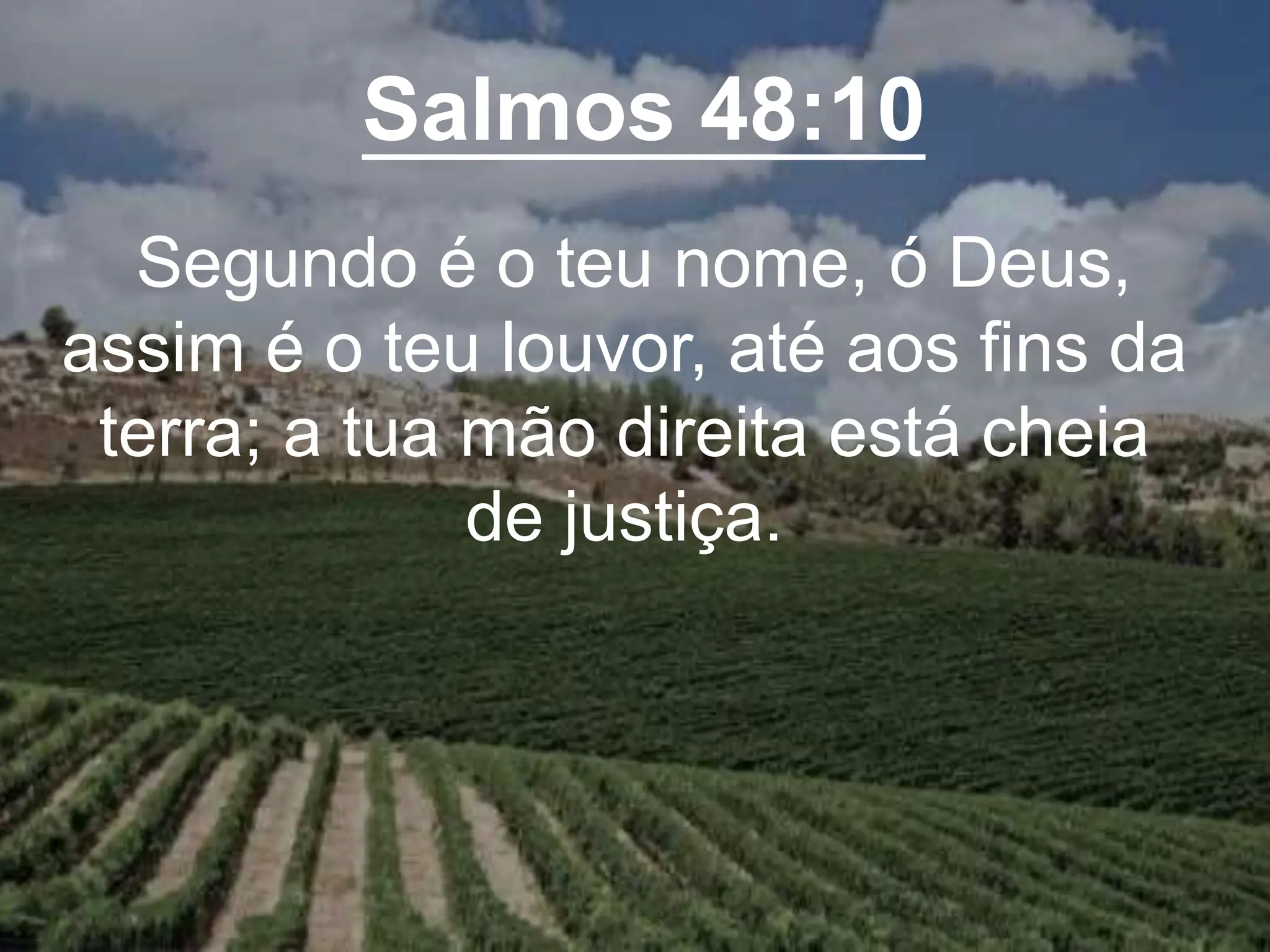 Salmos 48:10
Segundo é o teu nome, ó Deus,
assim é o teu louvor, até aos fins da
terra; a tua mão direita está cheia
de justiça.
 