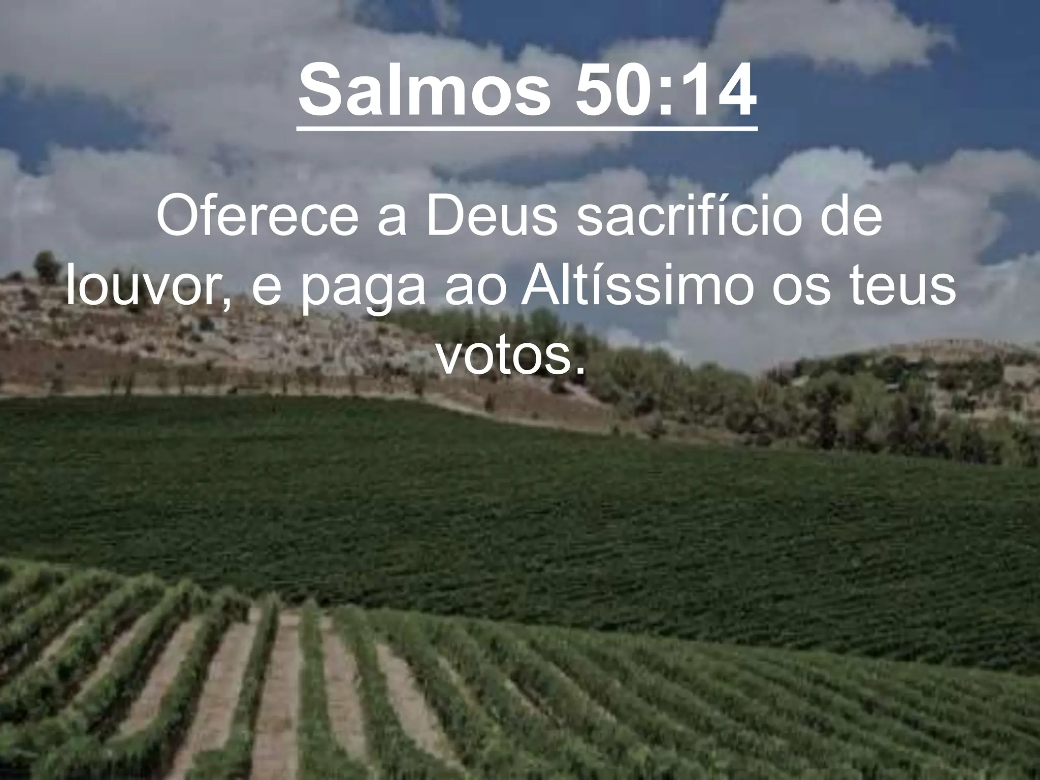 Salmos 50:14
Oferece a Deus sacrifício de
louvor, e paga ao Altíssimo os teus
votos.
 