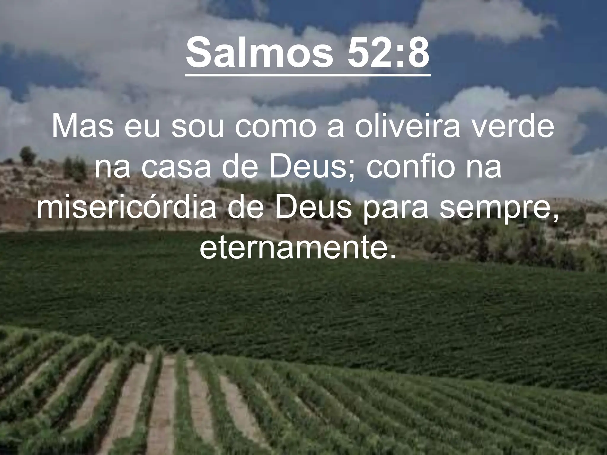 Salmos 52:8
Mas eu sou como a oliveira verde
na casa de Deus; confio na
misericórdia de Deus para sempre,
eternamente.
 
