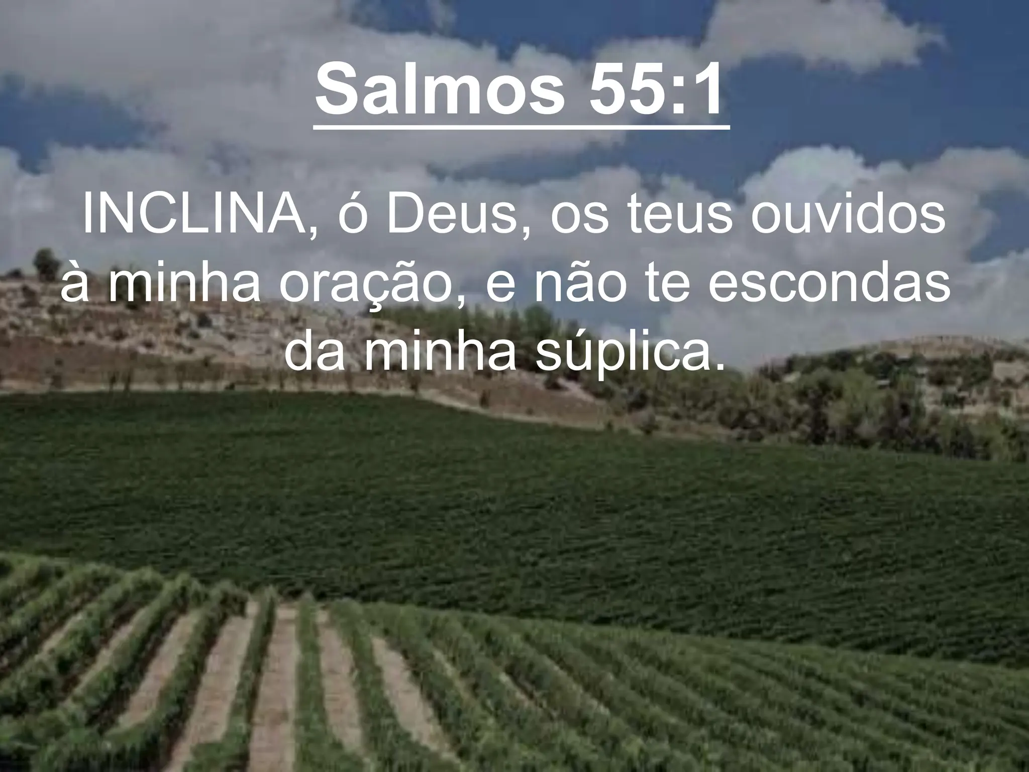 Salmos 55:1
INCLINA, ó Deus, os teus ouvidos
à minha oração, e não te escondas
da minha súplica.
 