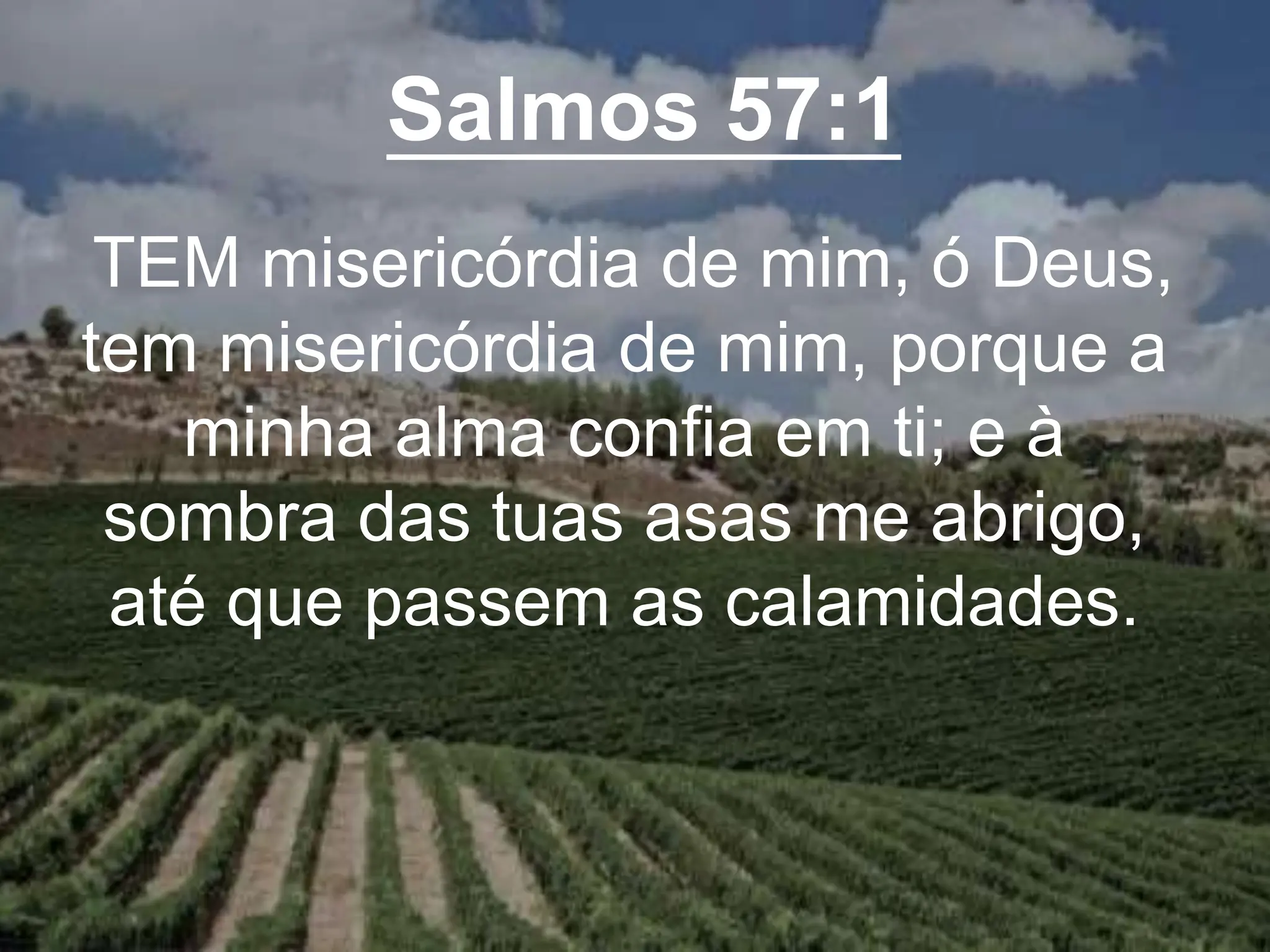 Salmos 57:1
TEM misericórdia de mim, ó Deus,
tem misericórdia de mim, porque a
minha alma confia em ti; e à
sombra das tuas asas me abrigo,
até que passem as calamidades.
 