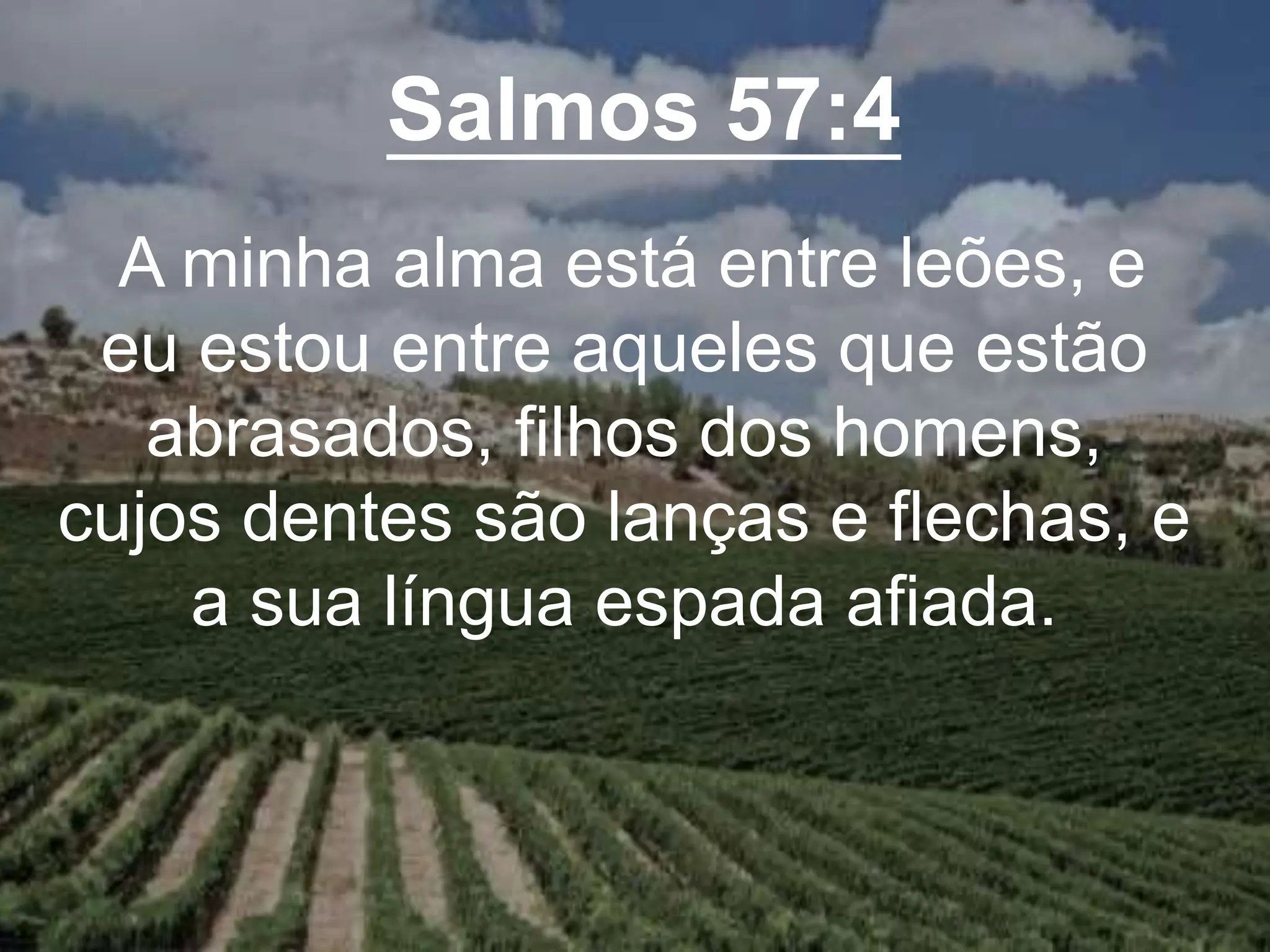 Salmos 57:4
A minha alma está entre leões, e
eu estou entre aqueles que estão
abrasados, filhos dos homens,
cujos dentes são lanças e flechas, e
a sua língua espada afiada.
 