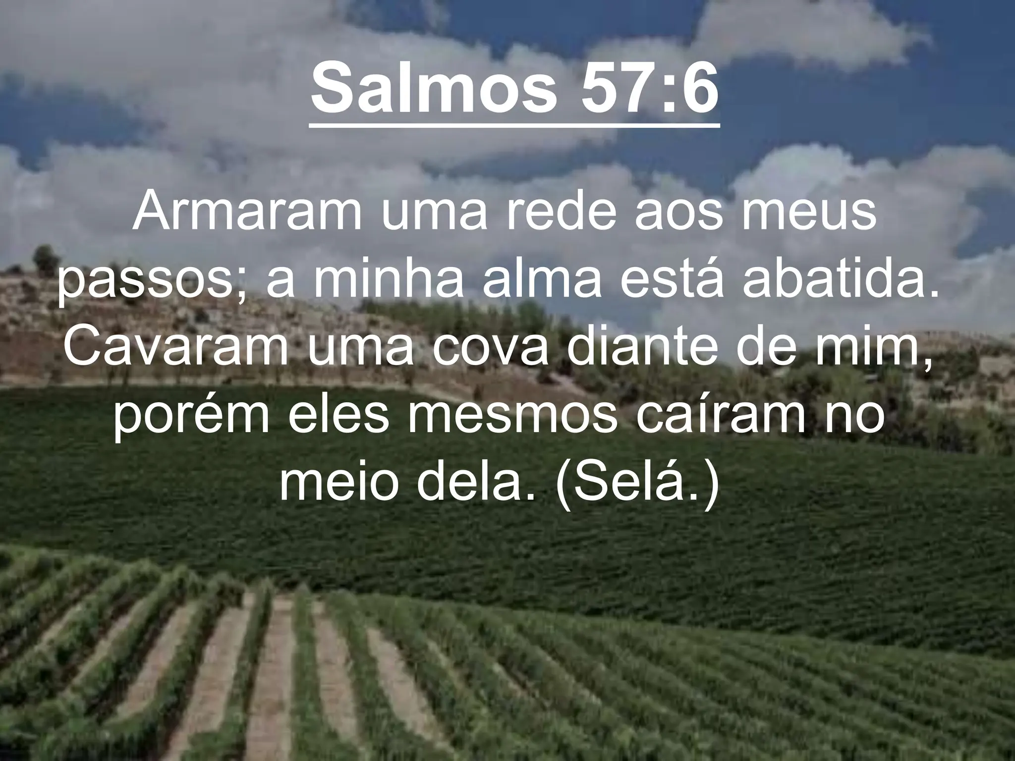 Salmos 57:6
Armaram uma rede aos meus
passos; a minha alma está abatida.
Cavaram uma cova diante de mim,
porém eles mesmos caíram no
meio dela. (Selá.)
 