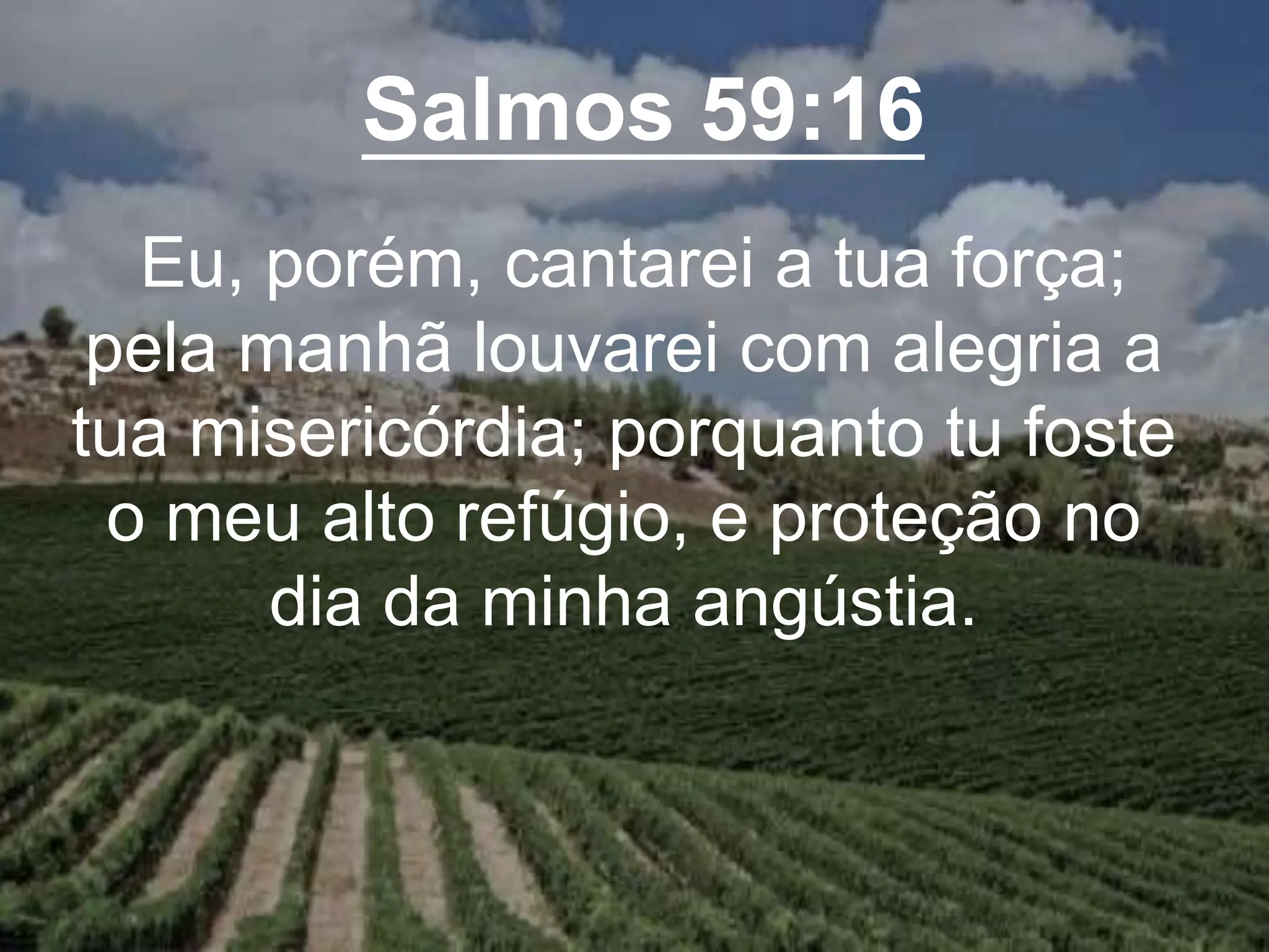 Salmos 59:16
Eu, porém, cantarei a tua força;
pela manhã louvarei com alegria a
tua misericórdia; porquanto tu foste
o meu alto refúgio, e proteção no
dia da minha angústia.
 