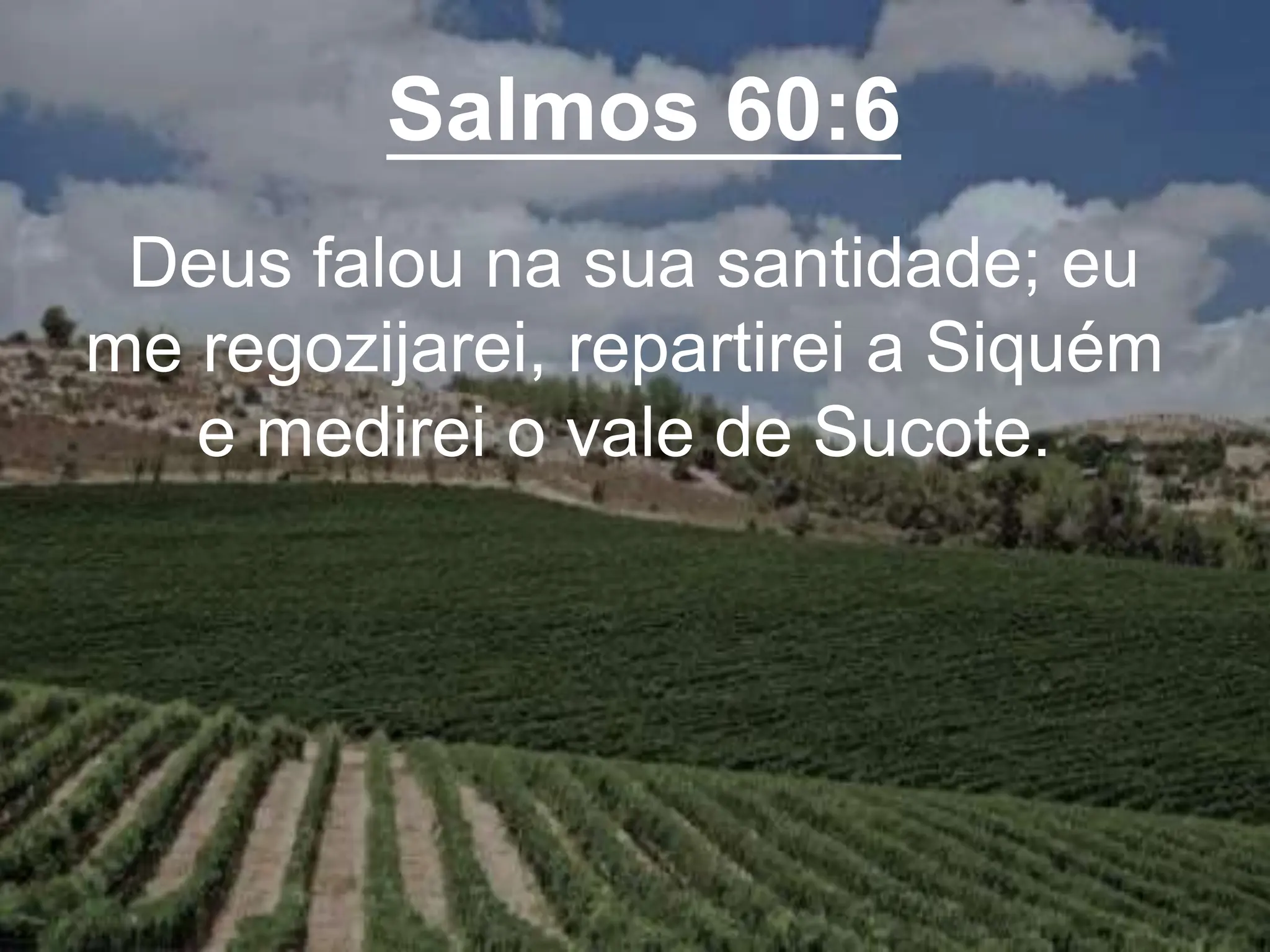 Salmos 60:6
Deus falou na sua santidade; eu
me regozijarei, repartirei a Siquém
e medirei o vale de Sucote.
 