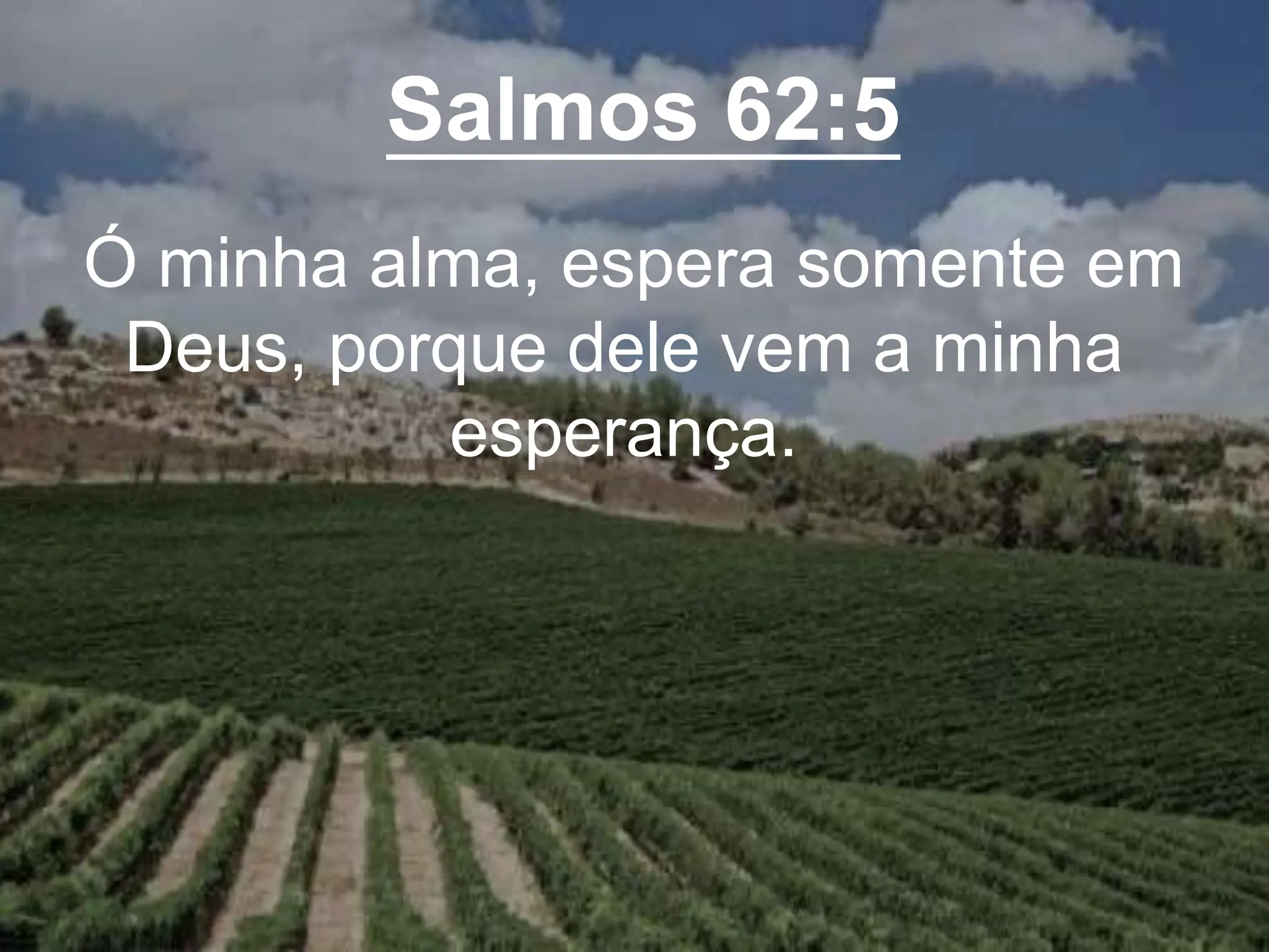 Salmos 62:5
Ó minha alma, espera somente em
Deus, porque dele vem a minha
esperança.
 