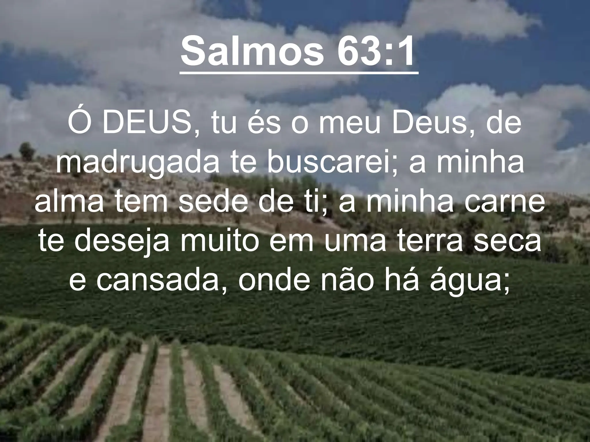 Salmos 63:1
Ó DEUS, tu és o meu Deus, de
madrugada te buscarei; a minha
alma tem sede de ti; a minha carne
te deseja muito em uma terra seca
e cansada, onde não há água;
 