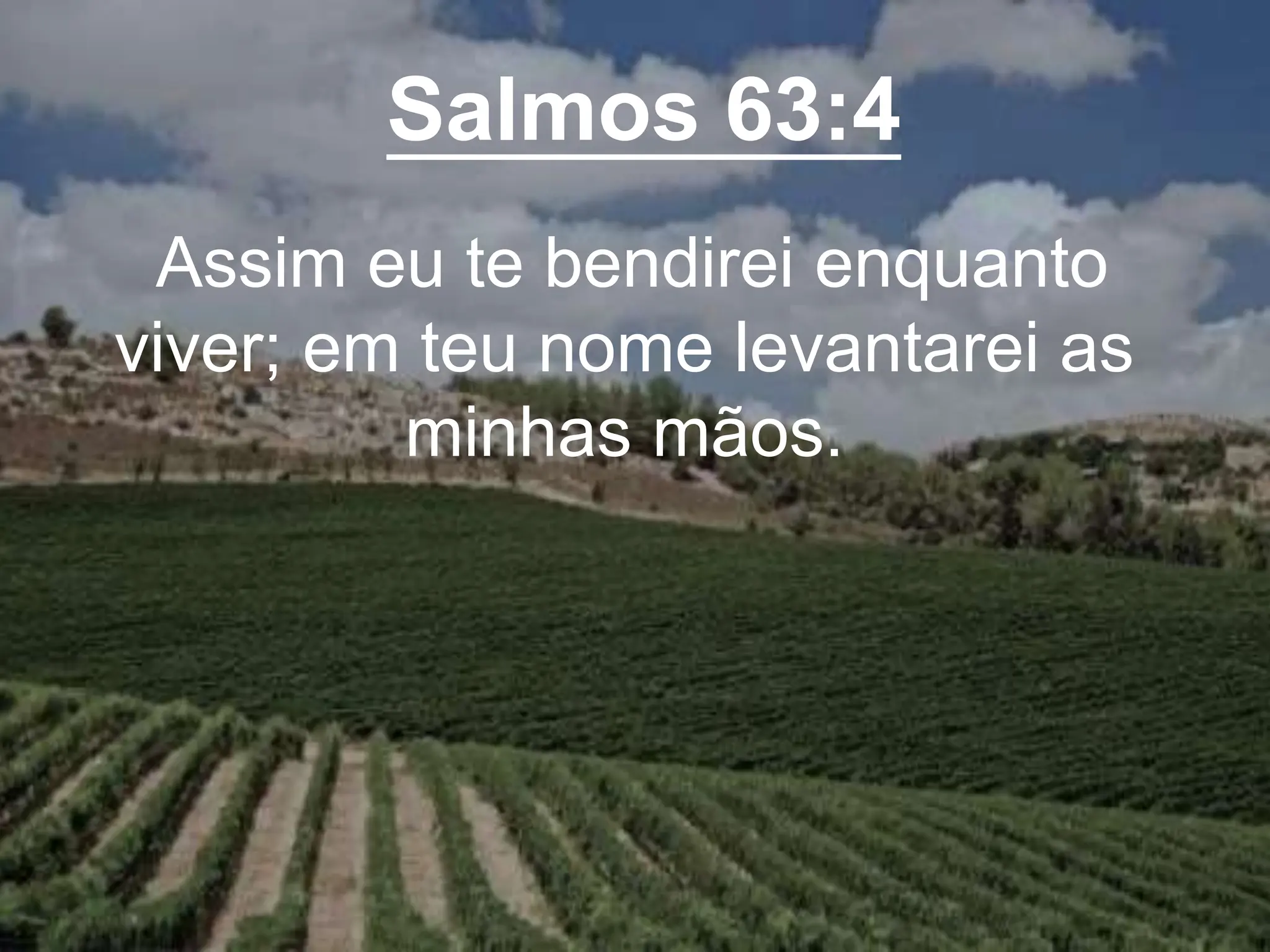 Salmos 63:4
Assim eu te bendirei enquanto
viver; em teu nome levantarei as
minhas mãos.
 