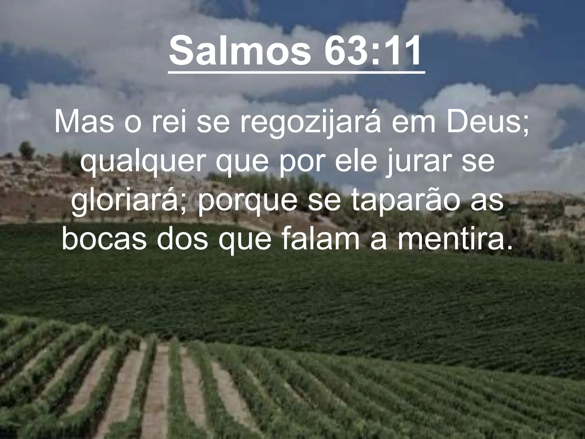 Salmos 63:11
Mas o rei se regozijará em Deus;
qualquer que por ele jurar se
gloriará; porque se taparão as
bocas dos que falam a mentira.
 