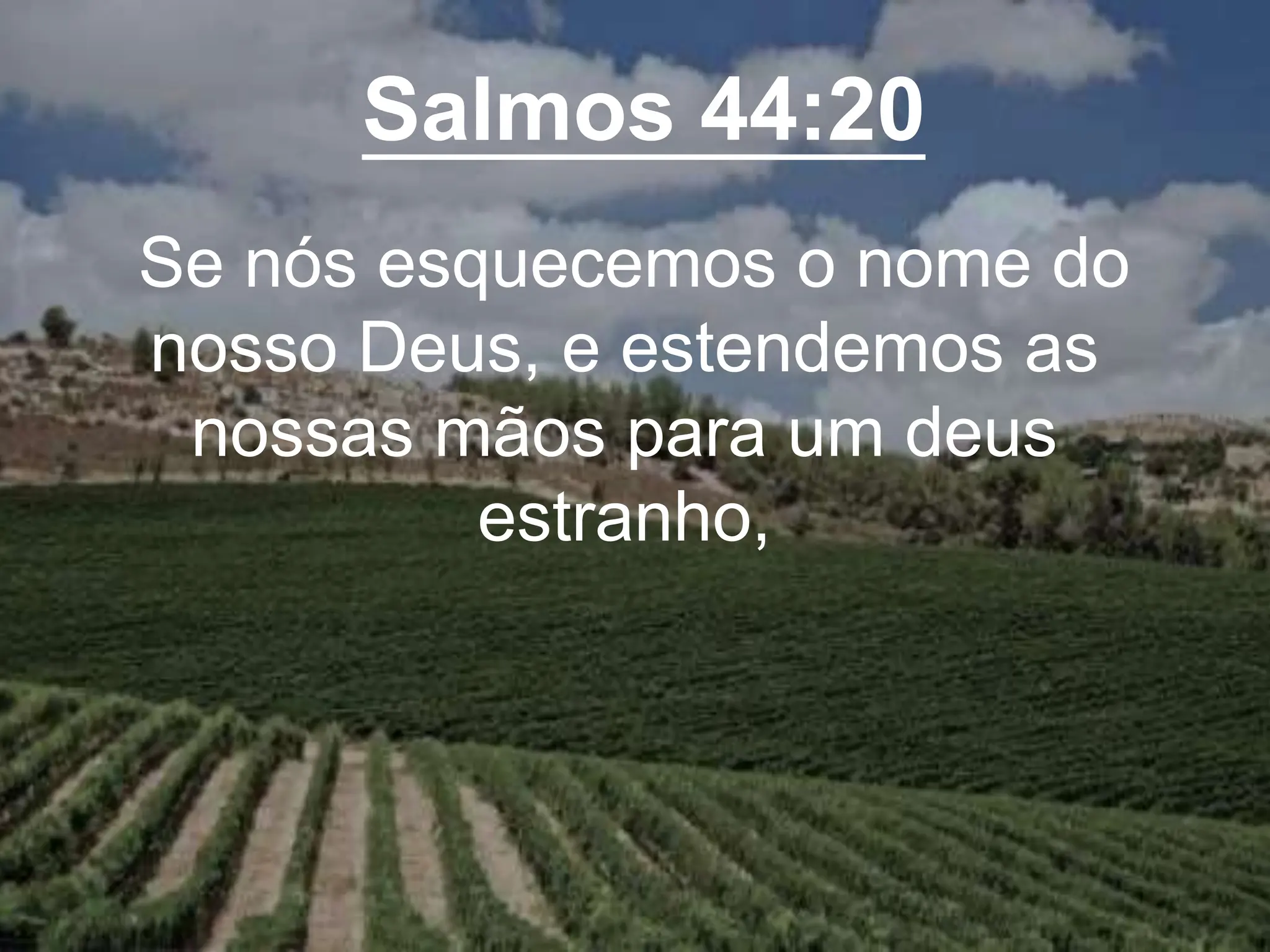 Salmos 44:20
Se nós esquecemos o nome do
nosso Deus, e estendemos as
nossas mãos para um deus
estranho,
 