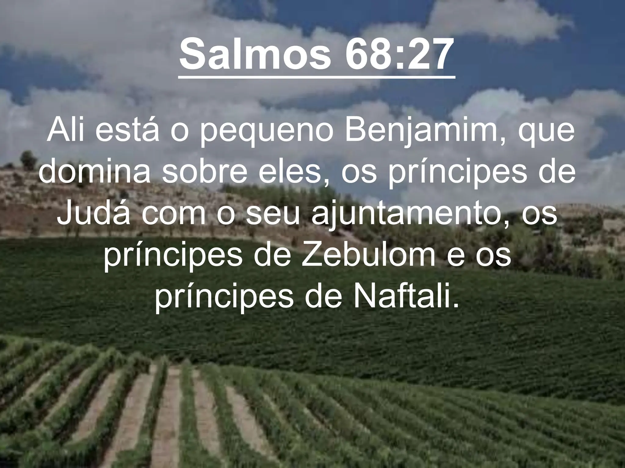 Salmos 68:27
Ali está o pequeno Benjamim, que
domina sobre eles, os príncipes de
Judá com o seu ajuntamento, os
príncipes de Zebulom e os
príncipes de Naftali.
 