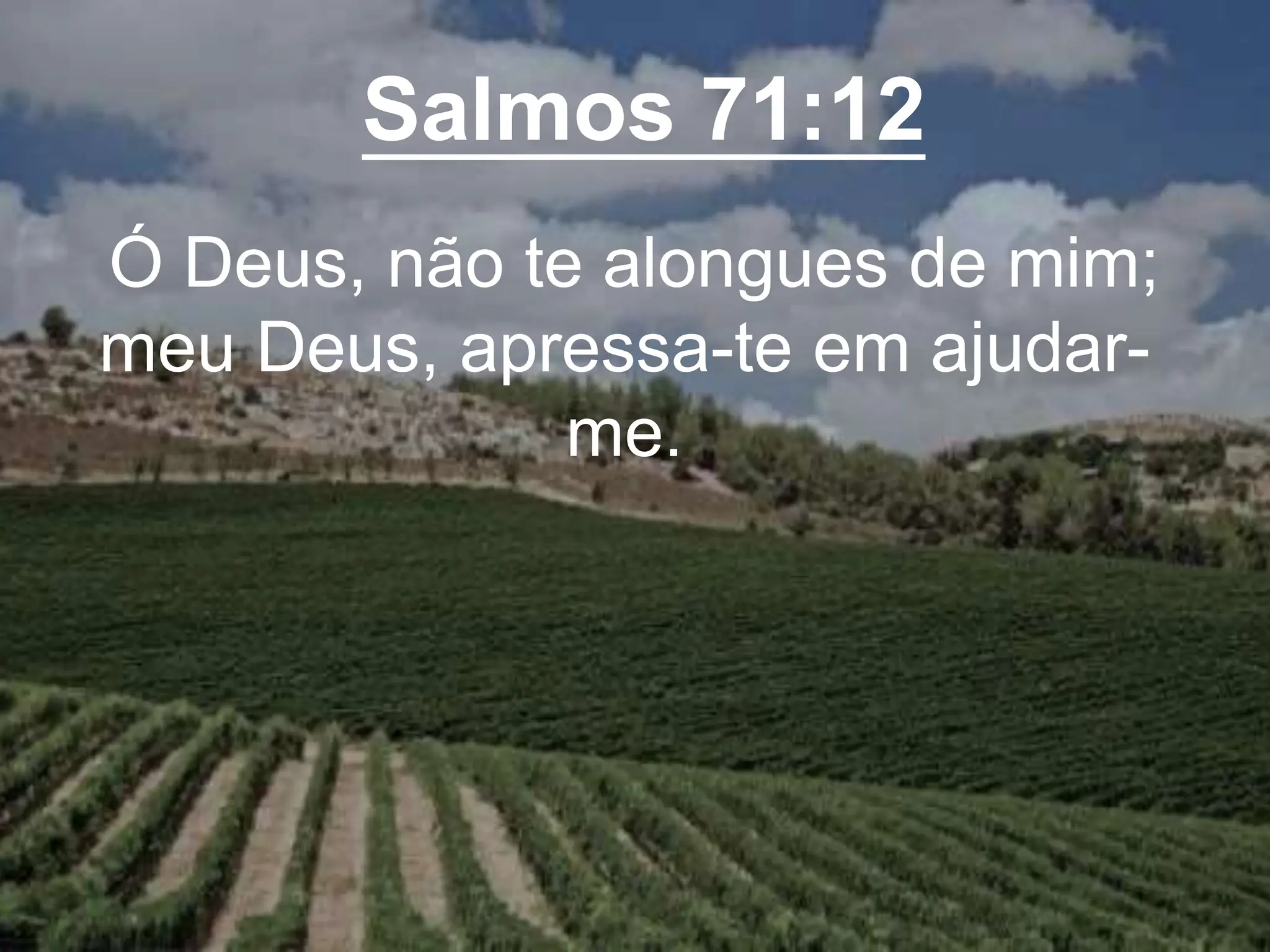 Salmos 71:12
Ó Deus, não te alongues de mim;
meu Deus, apressa-te em ajudar-
me.
 