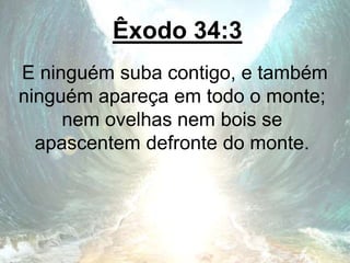 Êxodo 34:3
E ninguém suba contigo, e também
ninguém apareça em todo o monte;
nem ovelhas nem bois se
apascentem defronte do monte.
 
