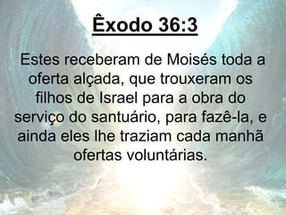 Êxodo 36:3
Estes receberam de Moisés toda a
oferta alçada, que trouxeram os
filhos de Israel para a obra do
serviço do santuário, para fazê-la, e
ainda eles lhe traziam cada manhã
ofertas voluntárias.
 