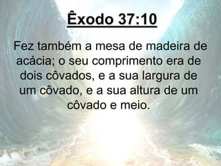 Êxodo 37:10
Fez também a mesa de madeira de
acácia; o seu comprimento era de
dois côvados, e a sua largura de
um côvado, e a sua altura de um
côvado e meio.
 