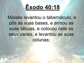 Êxodo 40:18
Moisés levantou o tabernáculo, e
pôs as suas bases, e armou as
suas tábuas, e colocou nele os
seus varais, e levantou as suas
colunas;
 