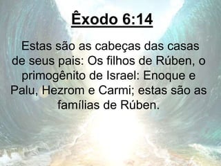 Êxodo 6:14
Estas são as cabeças das casas
de seus pais: Os filhos de Rúben, o
primogênito de Israel: Enoque e
Palu, Hezrom e Carmi; estas são as
famílias de Rúben.
 