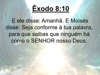 Êxodo 8:10
E ele disse: Amanhã. E Moisés
disse: Seja conforme à tua palavra,
para que saibas que ninguém há
como o SENHOR nosso Deus.
 