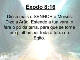 Êxodo 8:16
Disse mais o SENHOR a Moisés:
Dize a Arão: Estende a tua vara, e
fere o pó da terra, para que se torne
em piolhos por toda a terra do
Egito.
 