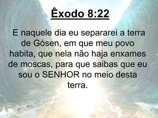 Êxodo 8:22
E naquele dia eu separarei a terra
de Gósen, em que meu povo
habita, que nela não haja enxames
de moscas, para que saibas que eu
sou o SENHOR no meio desta
terra.
 