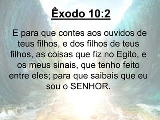 Êxodo 10:2
E para que contes aos ouvidos de
teus filhos, e dos filhos de teus
filhos, as coisas que fiz no Egito, e
os meus sinais, que tenho feito
entre eles; para que saibais que eu
sou o SENHOR.
 