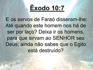 Êxodo 10:7
E os servos de Faraó disseram-lhe:
Até quando este homem nos há de
ser por laço? Deixa ir os homens,
para que sirvam ao SENHOR seu
Deus; ainda não sabes que o Egito
está destruído?
 