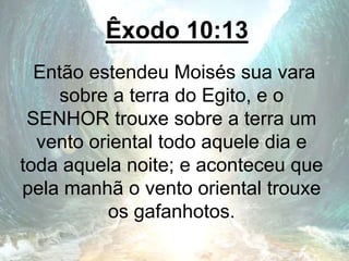 Êxodo 10:13
Então estendeu Moisés sua vara
sobre a terra do Egito, e o
SENHOR trouxe sobre a terra um
vento oriental todo aquele dia e
toda aquela noite; e aconteceu que
pela manhã o vento oriental trouxe
os gafanhotos.
 