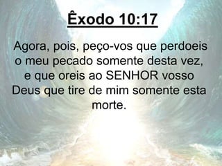 Êxodo 10:17
Agora, pois, peço-vos que perdoeis
o meu pecado somente desta vez,
e que oreis ao SENHOR vosso
Deus que tire de mim somente esta
morte.
 