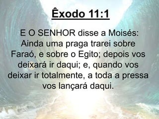 Êxodo 11:1
E O SENHOR disse a Moisés:
Ainda uma praga trarei sobre
Faraó, e sobre o Egito; depois vos
deixará ir daqui; e, quando vos
deixar ir totalmente, a toda a pressa
vos lançará daqui.
 