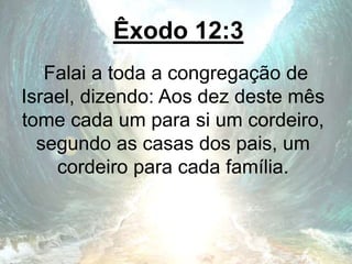Êxodo 12:3
Falai a toda a congregação de
Israel, dizendo: Aos dez deste mês
tome cada um para si um cordeiro,
segundo as casas dos pais, um
cordeiro para cada família.
 