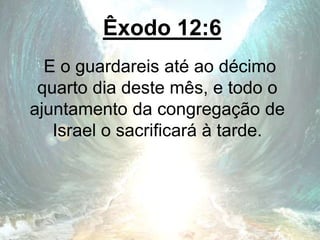 Êxodo 12:6
E o guardareis até ao décimo
quarto dia deste mês, e todo o
ajuntamento da congregação de
Israel o sacrificará à tarde.
 