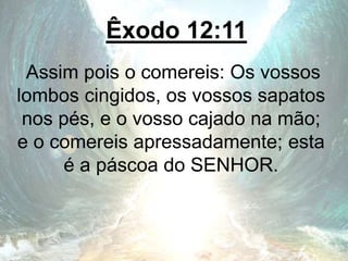 Êxodo 12:11
Assim pois o comereis: Os vossos
lombos cingidos, os vossos sapatos
nos pés, e o vosso cajado na mão;
e o comereis apressadamente; esta
é a páscoa do SENHOR.
 