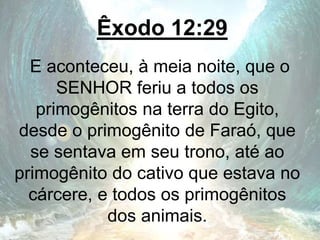 Êxodo 12:29
E aconteceu, à meia noite, que o
SENHOR feriu a todos os
primogênitos na terra do Egito,
desde o primogênito de Faraó, que
se sentava em seu trono, até ao
primogênito do cativo que estava no
cárcere, e todos os primogênitos
dos animais.
 