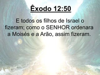 Êxodo 12:50
E todos os filhos de Israel o
fizeram; como o SENHOR ordenara
a Moisés e a Arão, assim fizeram.
 
