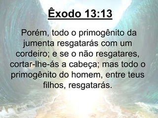 Êxodo 13:13
Porém, todo o primogênito da
jumenta resgatarás com um
cordeiro; e se o não resgatares,
cortar-lhe-ás a cabeça; mas todo o
primogênito do homem, entre teus
filhos, resgatarás.
 