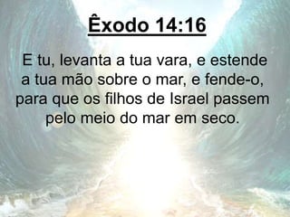 Êxodo 14:16
E tu, levanta a tua vara, e estende
a tua mão sobre o mar, e fende-o,
para que os filhos de Israel passem
pelo meio do mar em seco.
 