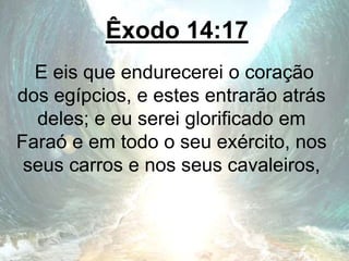 Êxodo 14:17
E eis que endurecerei o coração
dos egípcios, e estes entrarão atrás
deles; e eu serei glorificado em
Faraó e em todo o seu exército, nos
seus carros e nos seus cavaleiros,
 