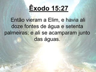 Êxodo 15:27
Então vieram a Elim, e havia ali
doze fontes de água e setenta
palmeiras; e ali se acamparam junto
das águas.
 