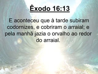 Êxodo 16:13
E aconteceu que à tarde subiram
codornizes, e cobriram o arraial; e
pela manhã jazia o orvalho ao redor
do arraial.
 