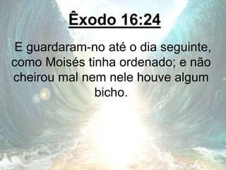 Êxodo 16:24
E guardaram-no até o dia seguinte,
como Moisés tinha ordenado; e não
cheirou mal nem nele houve algum
bicho.
 