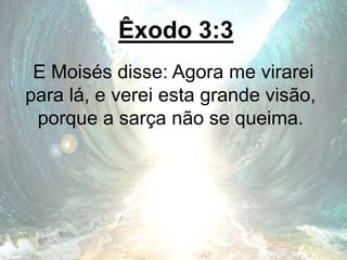 Êxodo 3:3
E Moisés disse: Agora me virarei
para lá, e verei esta grande visão,
porque a sarça não se queima.
 