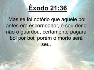 Êxodo 21:36
Mas se foi notório que aquele boi
antes era escorneador, e seu dono
não o guardou, certamente pagará
boi por boi; porém o morto será
seu.
 