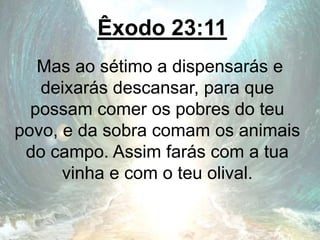 Êxodo 23:11
Mas ao sétimo a dispensarás e
deixarás descansar, para que
possam comer os pobres do teu
povo, e da sobra comam os animais
do campo. Assim farás com a tua
vinha e com o teu olival.
 