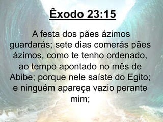 Êxodo 23:15
A festa dos pães ázimos
guardarás; sete dias comerás pães
ázimos, como te tenho ordenado,
ao tempo apontado no mês de
Abibe; porque nele saíste do Egito;
e ninguém apareça vazio perante
mim;
 